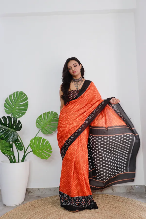 HANDICRAFT_WOMEN'S_Ikkat_PRINT_PURE_SOFT_COTTON_SAREE_WITH_BLOUSE_PIECE_With_Blouse_Piece